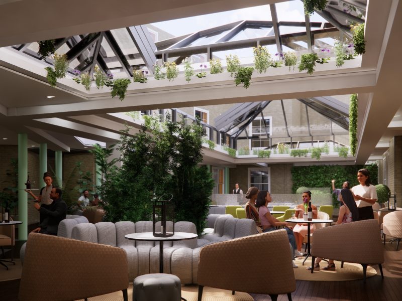 A render of the new Sloane Club enclosed terrace area with a glazed roof, plants and seating