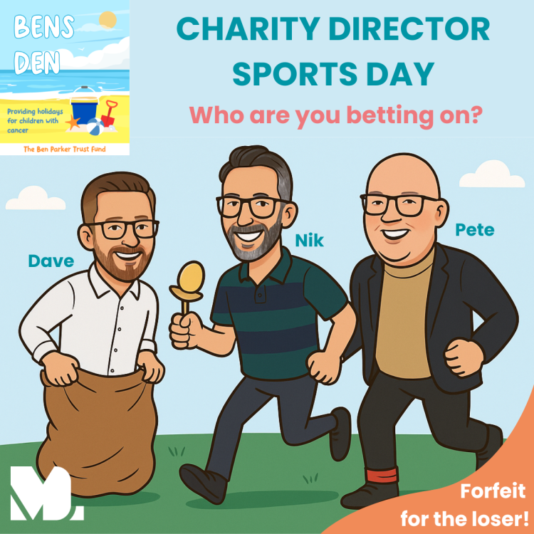 A cartoon image of our three directors taking part in a sports day challenge. Dave is doing sack race while Nik has an egg and spoon in his hand.