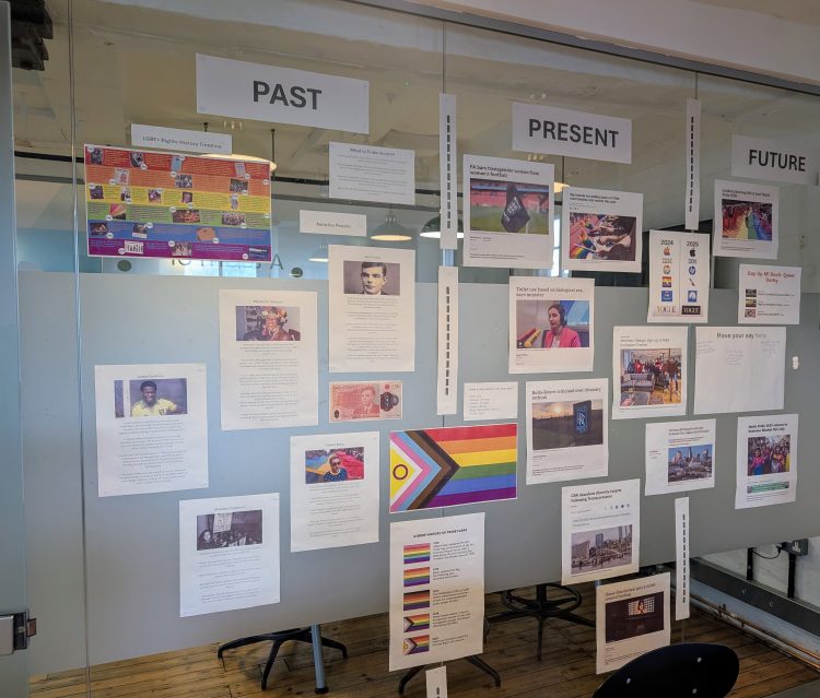 A glass partition wall in the Morrison Design studio kitchen featuring a Pride display split into 'Past', 'Present' and 'Future'. 