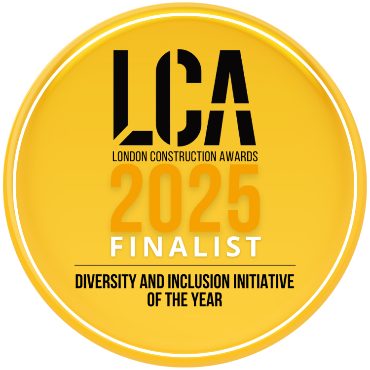 A circular yellow logo with the lettering "LCA London Construction Awards 2025 Finalist. Diversity and Inclusion Initiative of the Year."