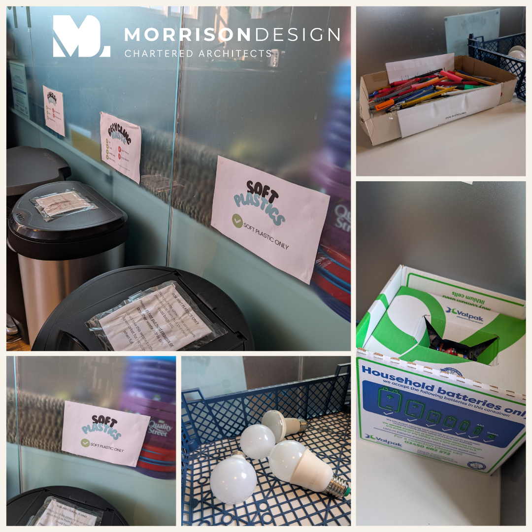 A collage of images of Morrison Design's recycling efforts