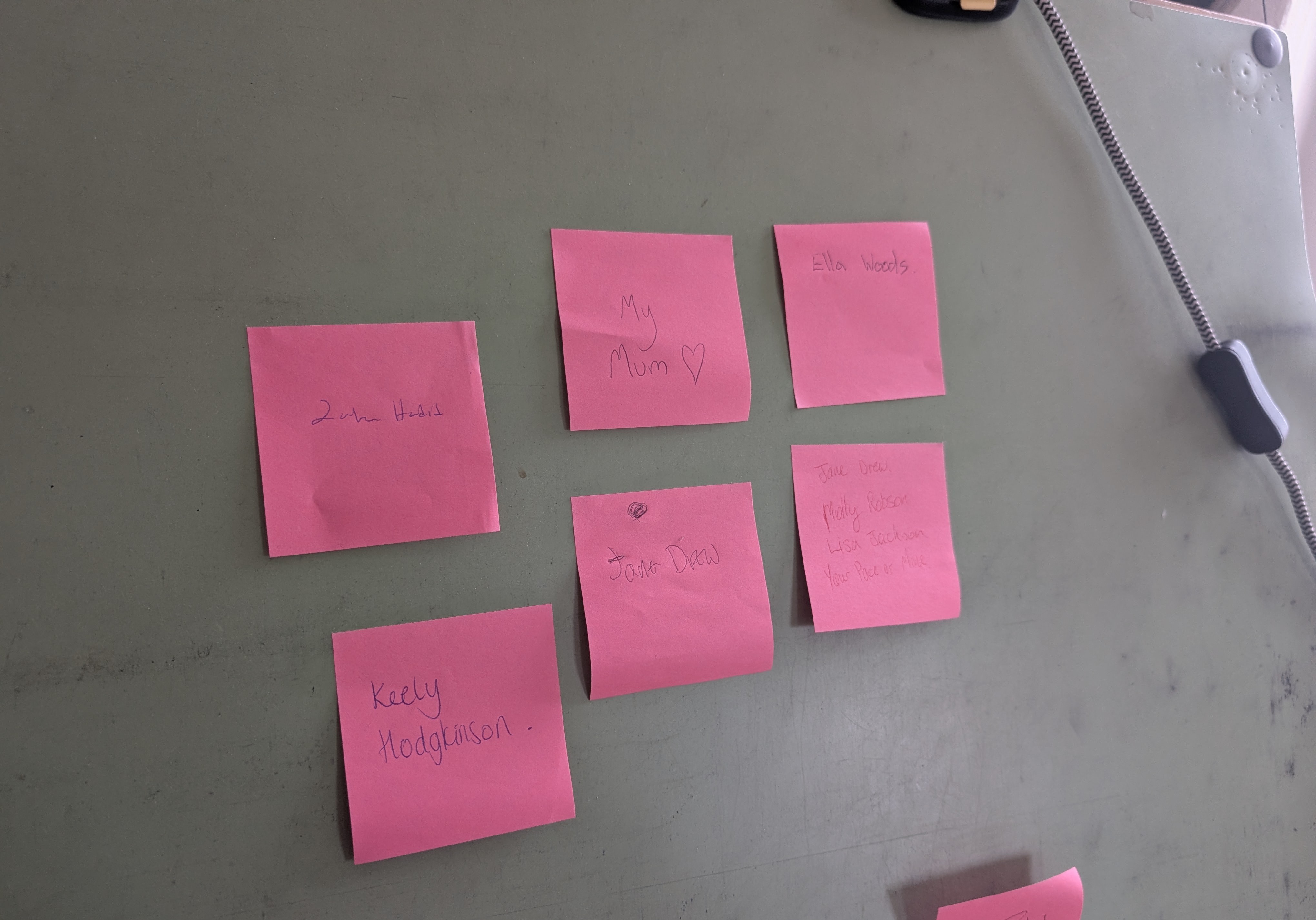 A selection of pink post it notes naming the team's inspiring women, including 'My Mum', Keely Hodgkinson and Zaha Hadid.
