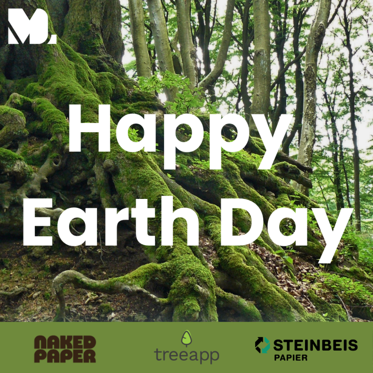 An image of a mossy tree root with logos from Morrison Design, Treeapp, Steinbeis and Naked Paper. It says 'Happy Earth Day'