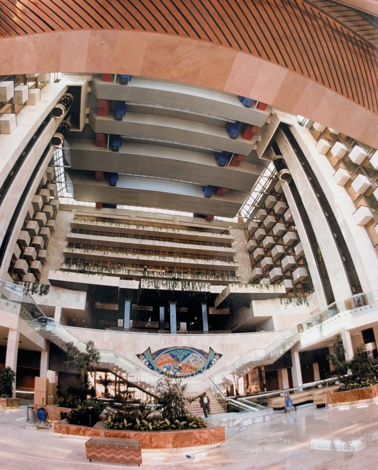 The atrium of the hotel - a large open space featuring a handmade tapestry.