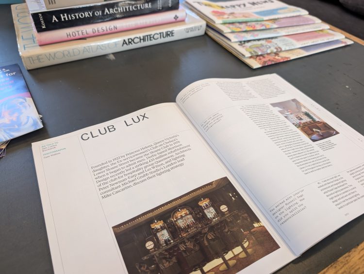 RIBAJ The Sloane CLub article open on the Morrison Design coffee table