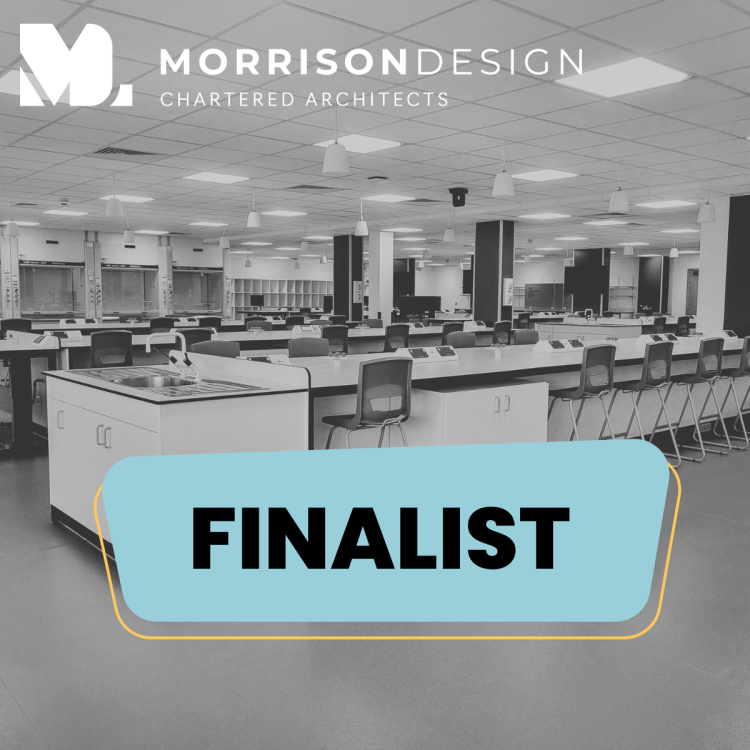 Black and white photo of superlab with the Morrison Design logo and a bold blue box with the text 'finalist' on top