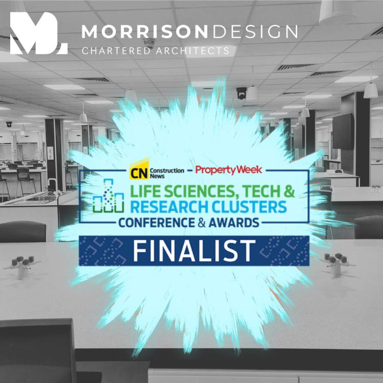Black and white photo of a laboratory with the Morrison Design logo and a CN Life Sciences, Tech and Research Clusters Awards 2026 Finalist logo