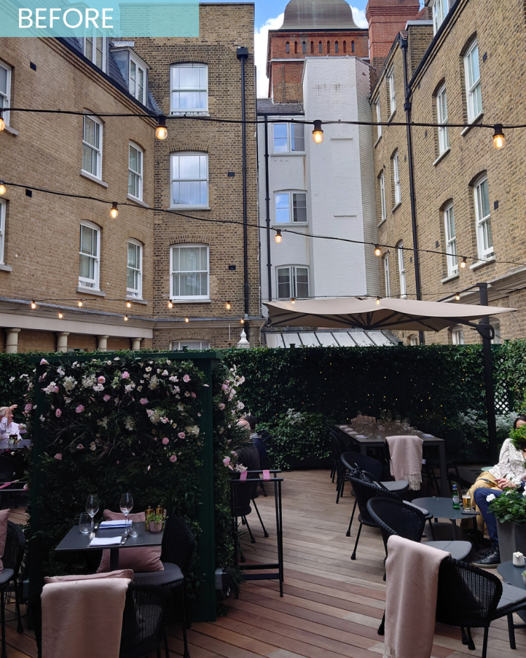 Photo of the outdoor Sloane Club terrace 'before'. A decked area surrounded by high rise buildings with black tables and chairs.