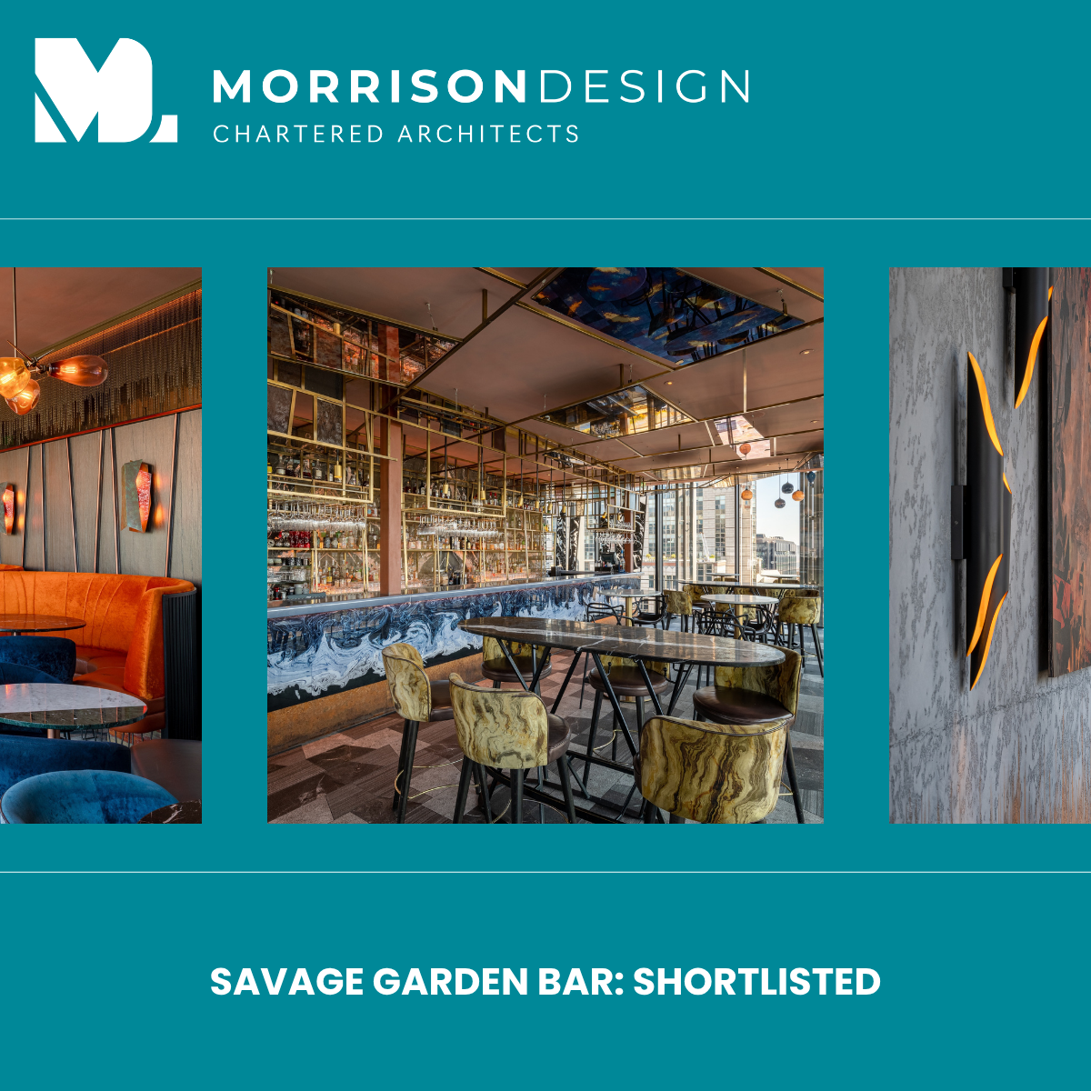 Graphic showing three photos of Savage Garden Bar with the Morrison Design logo and text saying 'Savage Garden Bar: Shortlisted'