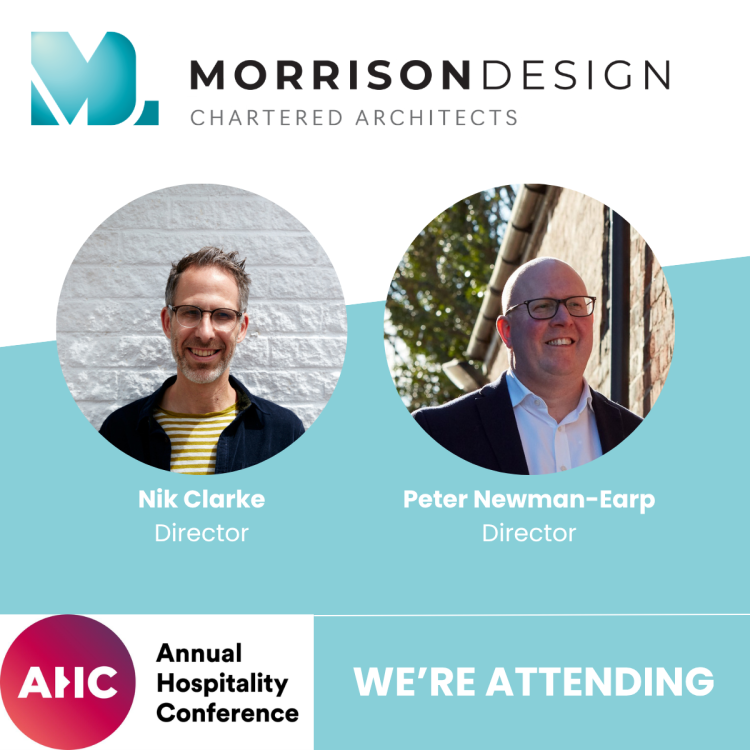 Graphic with picture of Nik Clarke and Peter Newman-Earp with the Morrison Design logo and the AHC logo. It says 'We're attending'
