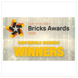 Yellow and gold toned logo which says East Midlands Bricks Awards Responsible Business Winners