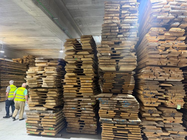 Photo of lots of high stacks of planks of wood in an industrial building with two people in high vis vests to the left.