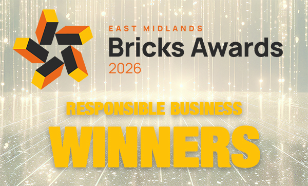 A logo which says East Midlands Bricks Awards 2026. Responsible Business Winners in tones of yellow with a sparkly style background.